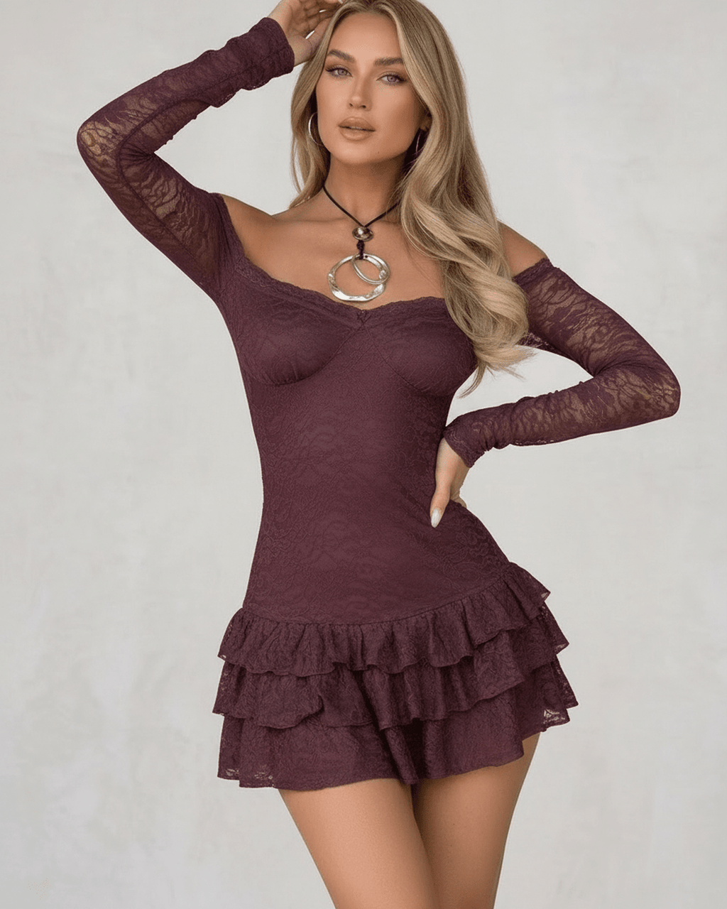 Celeste Mini Dress by Lauven in deep plum lace with ruffled hem and off-the-shoulder neckline.