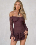 Celeste Mini Dress by Lauven in deep plum lace with ruffled hem and off-the-shoulder neckline.