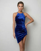 Celeste Mini Dress - Elegant blue velvet sheath with asymmetric hemline by Lauven, perfect for making a bold statement.