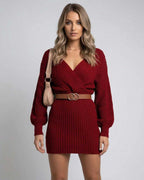 Celeste Mini Dress by Lauven, elegant high waist bodycon knit dress in burgundy with deep V-neckline.