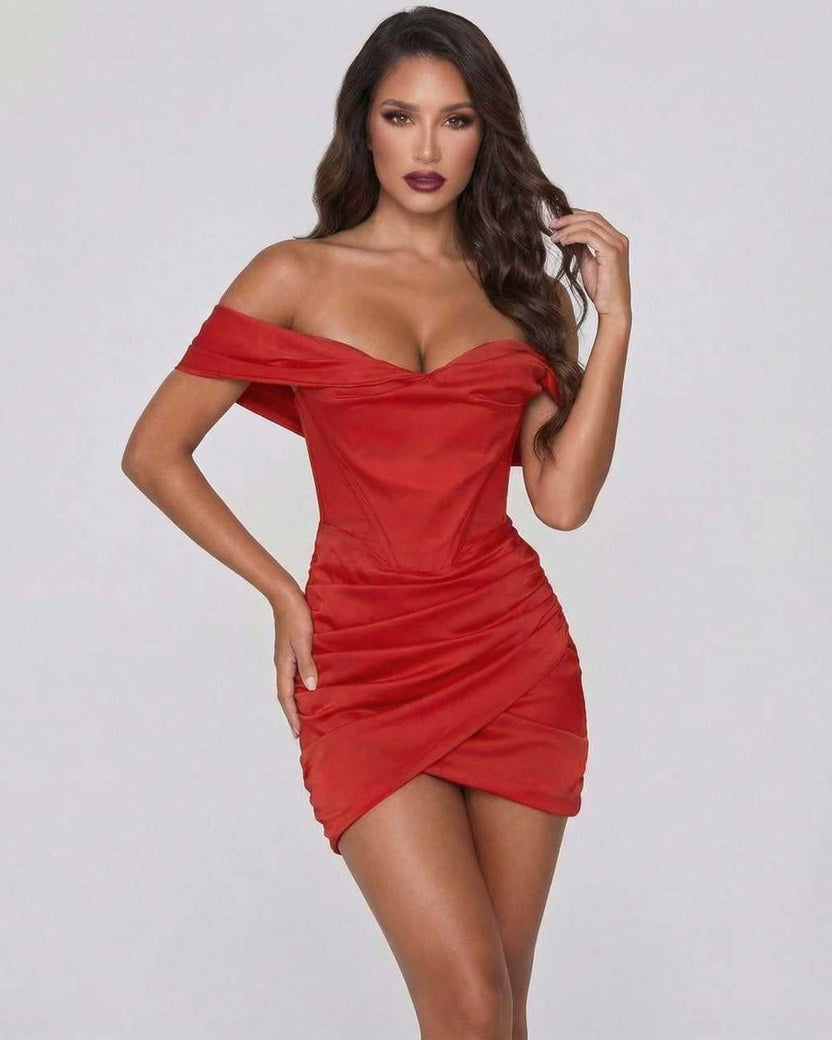 Lauven Celeste Mini Dress in vibrant red, elegant satin, off-the-shoulder design, flattering sheath fit.