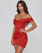 Celeste Mini Dress by Lauven - Elegant satin sheath dress with off-the-shoulder detail in vibrant red.