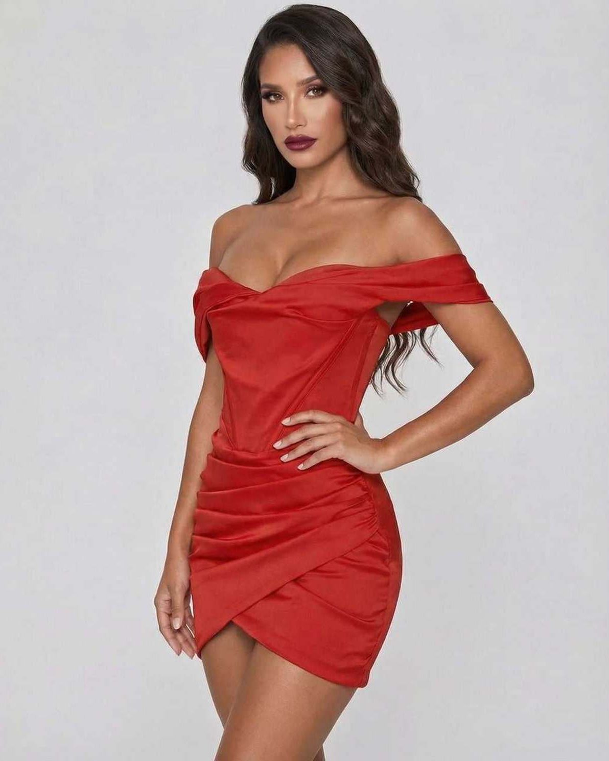 Celeste Mini Dress by Lauven - Elegant satin sheath dress with off-the-shoulder detail in vibrant red.