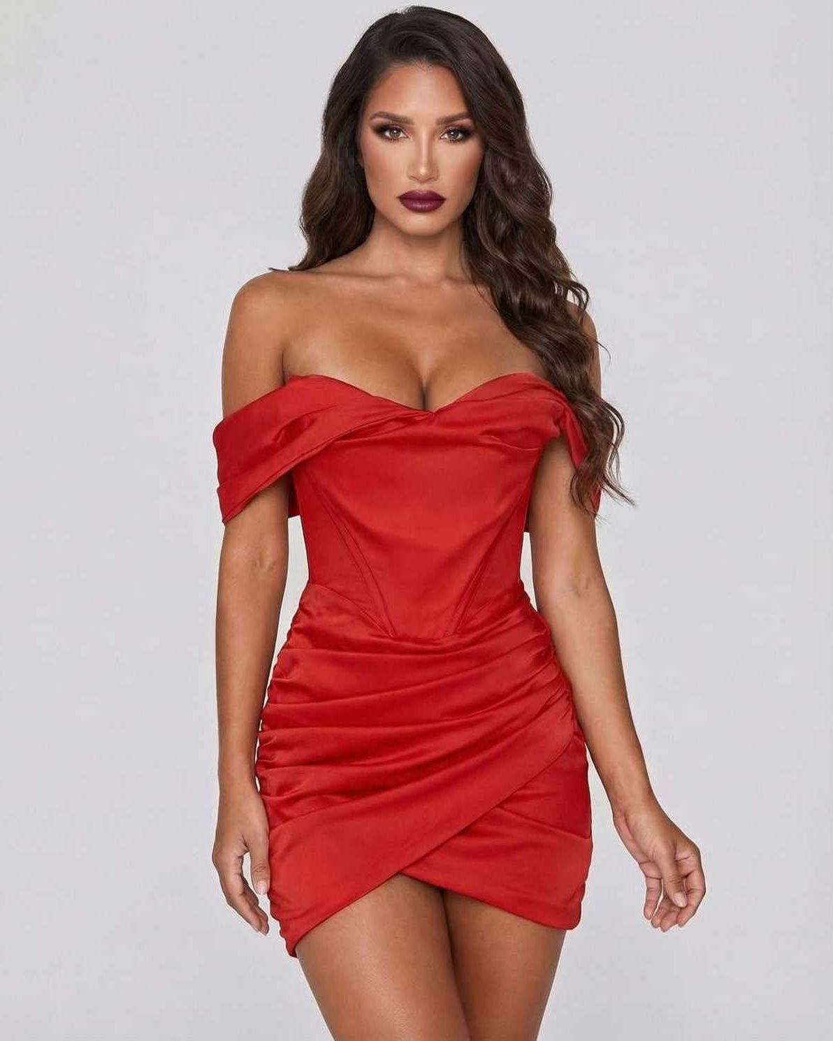 Lauven Celeste Mini Dress in vibrant red, featuring elegant satin sheath and off-the-shoulder detail.