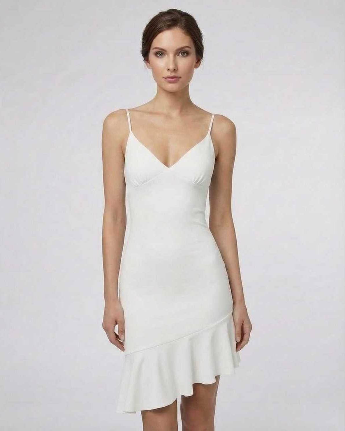 Celeste Mini Dress by Lauven - Elegant white A-line dress with ruffle detail, perfect for any upscale wardrobe.