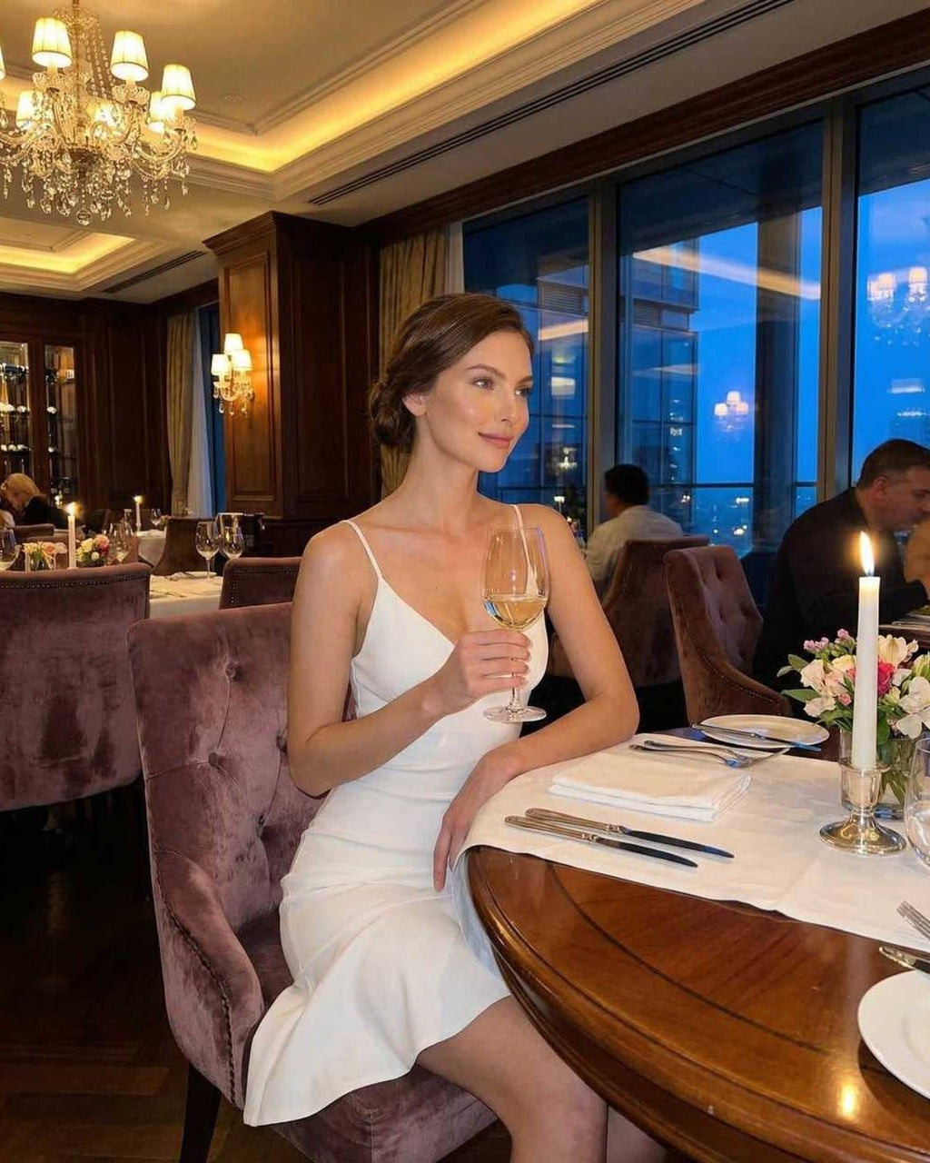 Celeste Mini Dress by Lauven, elegant white A-line style, worn at an upscale restaurant setting with a glass of champagne.