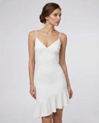 Celeste Mini Dress by Lauven featuring elegant white A-line design and ruffle detail.