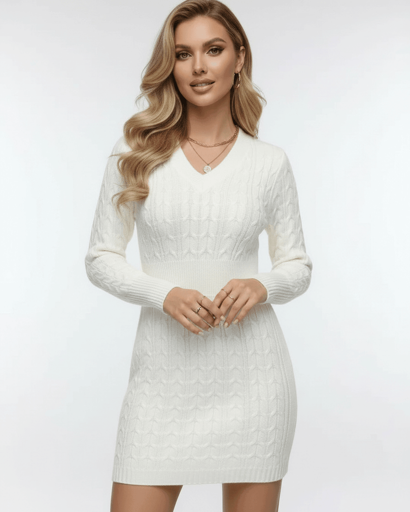 Celeste Mini Dress by Lauven - Elegant cable knit V-neck dress in classic ivory with elastic waist.