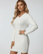 Celeste Mini Dress by Lauven - Elegant cable knit V-neck dress in classic ivory with elastic waist for a flattering fit.