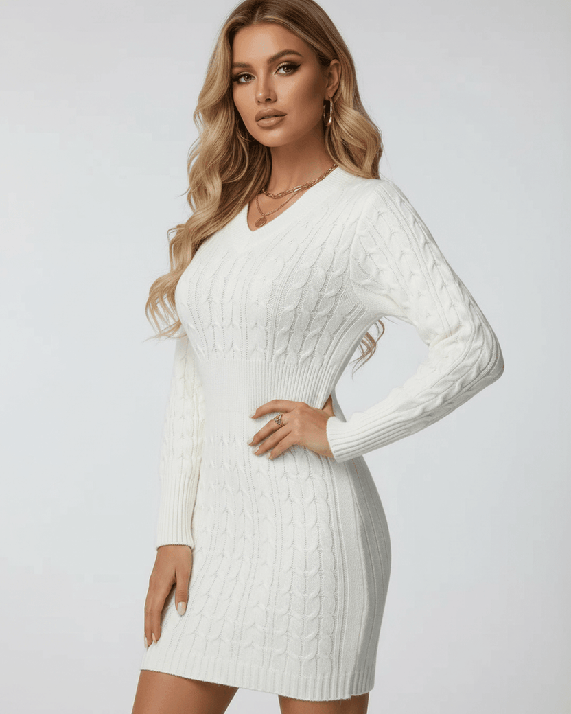 Celeste Mini Dress by Lauven - Elegant cable knit V-neck dress in classic ivory with elastic waist for a flattering fit.
