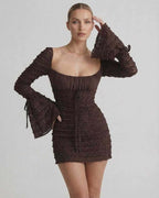 Celeste Mini Dress by Lauven, elegant chocolate brown sheath dress with flare sleeves, ideal for modern club style.