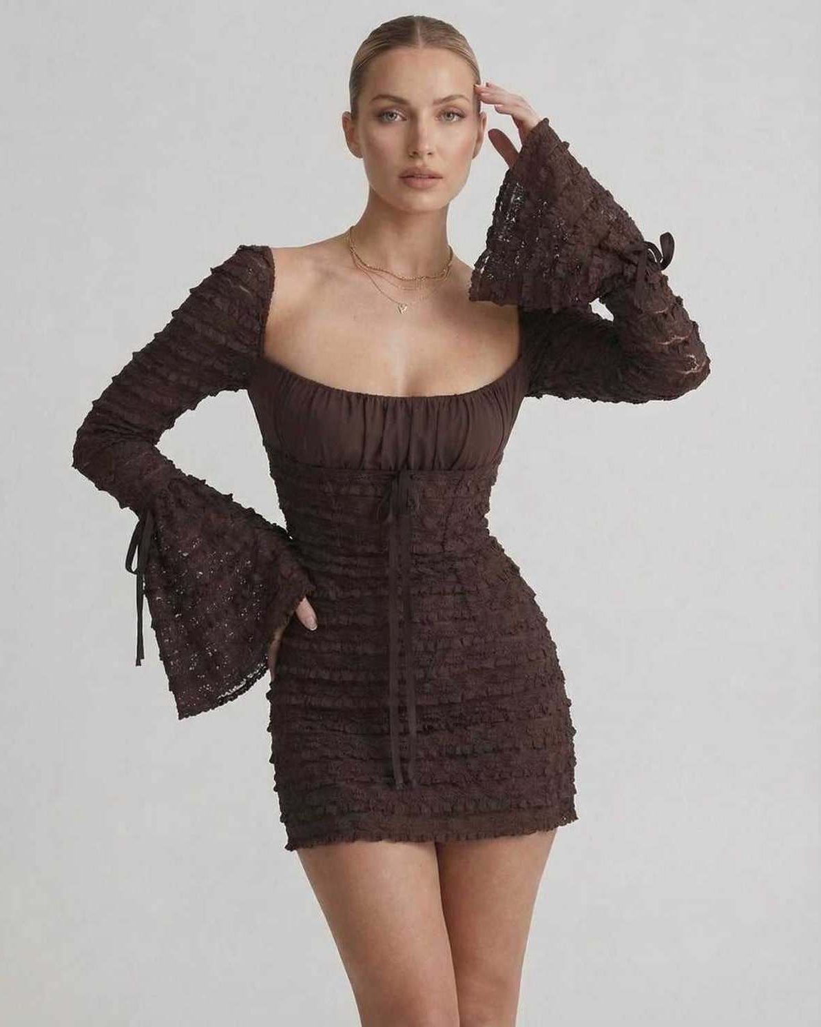 Celeste Mini Dress by Lauven, elegant chocolate brown sheath dress with flare sleeves, ideal for modern club style.
