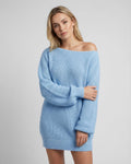 Celeste Mini Dress by Lauven in soft blue oversized knitted cotton-acrylic blend with an elegant slash neckline.