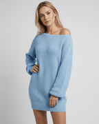 Celeste Mini Dress by Lauven, featuring a cozy oversized knitted cotton-acrylic blend in light blue.