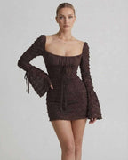 Celeste Mini Dress by Lauven featuring a chic chocolate brown sheath silhouette and stylish flare sleeves.