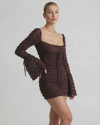 Celeste Mini Dress by Lauven in rich chocolate brown with flare sleeves and a flattering sheath silhouette.