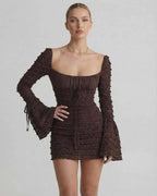 Celeste Mini Dress by Lauven featuring an elegant sheath silhouette and flare sleeves in rich chocolate brown.