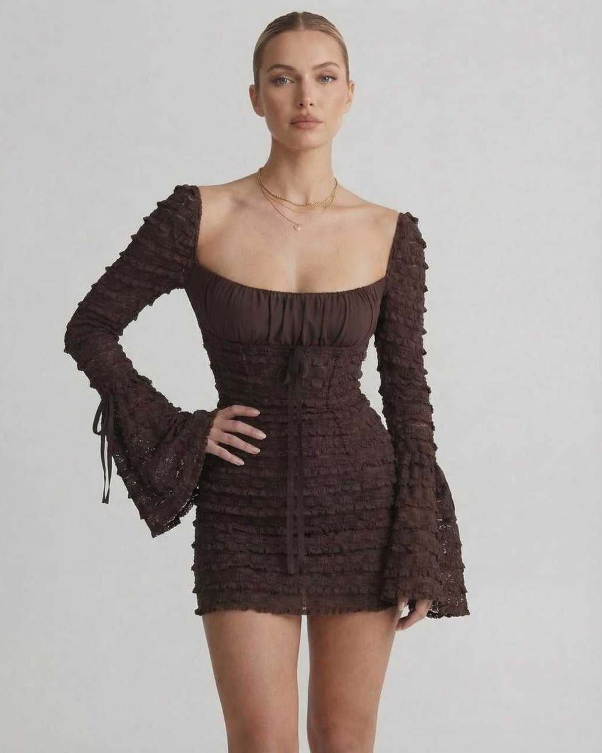 Celeste Mini Dress by Lauven featuring an elegant sheath silhouette and flare sleeves in rich chocolate brown.