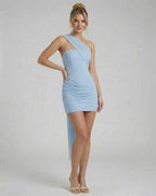 Celeste Mini Dress by Lauven, one-shoulder bodycon design with soft ruffle detailing and a sleek silhouette.