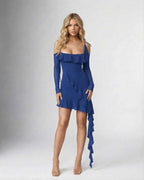 Celeste Mini Dress by Lauven in rich blue with ruffled asymmetric hem and spaghetti straps.