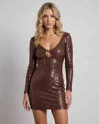 Celeste Mini Dress by Lauven featuring a sleek sequin bodycon design and flattering V-neckline in rich brown.