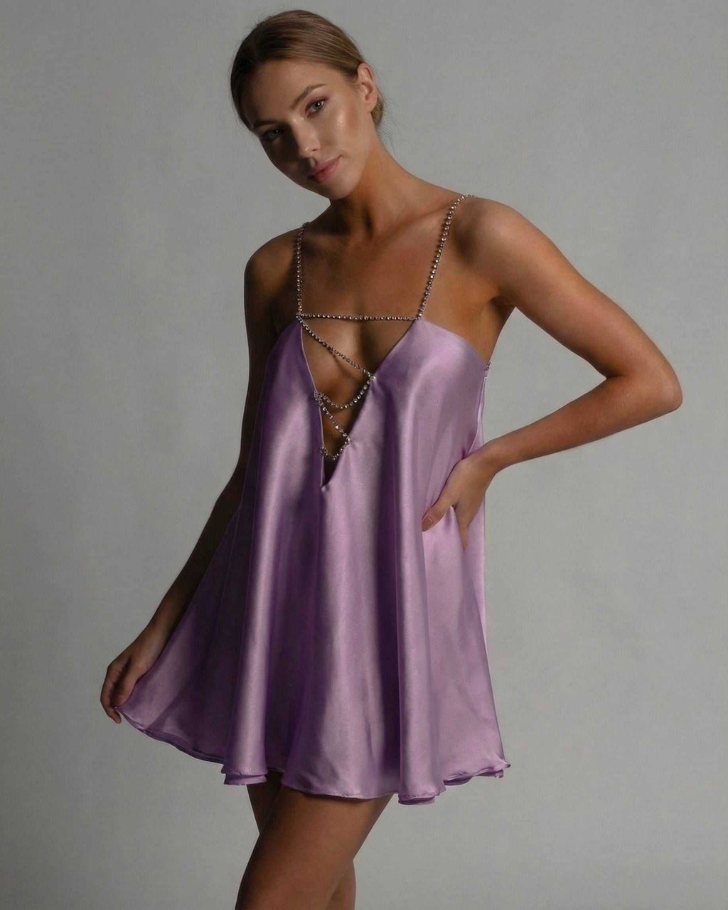 Celeste Mini Dress by Lauven in lavender satin with flared skirt and beaded spaghetti straps.