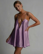 Celeste Mini Dress by Lauven in lavender satin with flared skirt and beaded spaghetti straps.