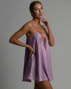 Celeste Mini Dress by Lauven in lavender satin A-line silhouette with beaded spaghetti straps and flared skirt.