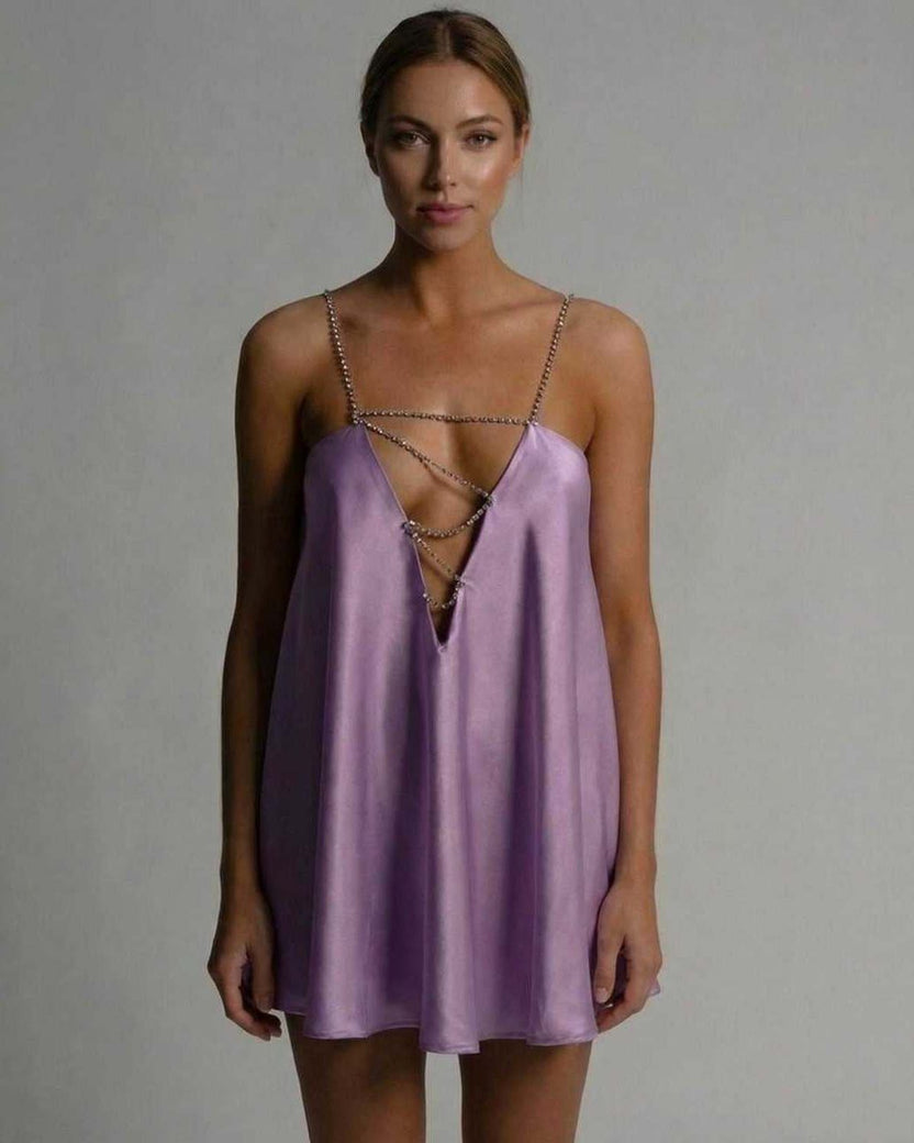 Celeste Mini Dress by Lauven in lavender satin, featuring a flared silhouette and beaded spaghetti straps.