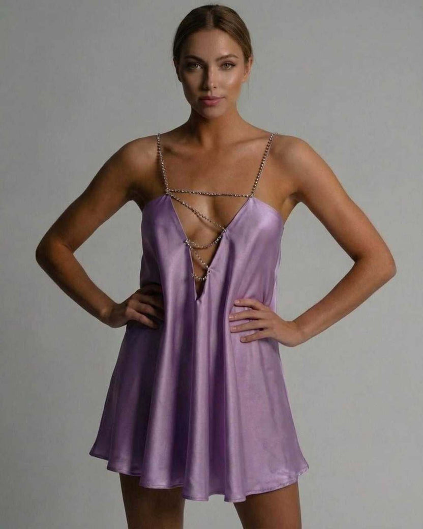 Celeste Mini Dress by Lauven in lavender satin with flared silhouette and beaded spaghetti straps.