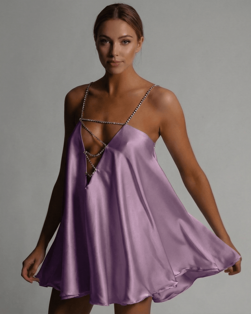 Celeste Mini Dress by Lauven in lavender satin with beaded spaghetti straps and flared A-line silhouette.