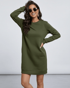 Celeste Mini Dress by Lauven, casual olive green sweatshirt dress with pockets, stylish and comfortable.