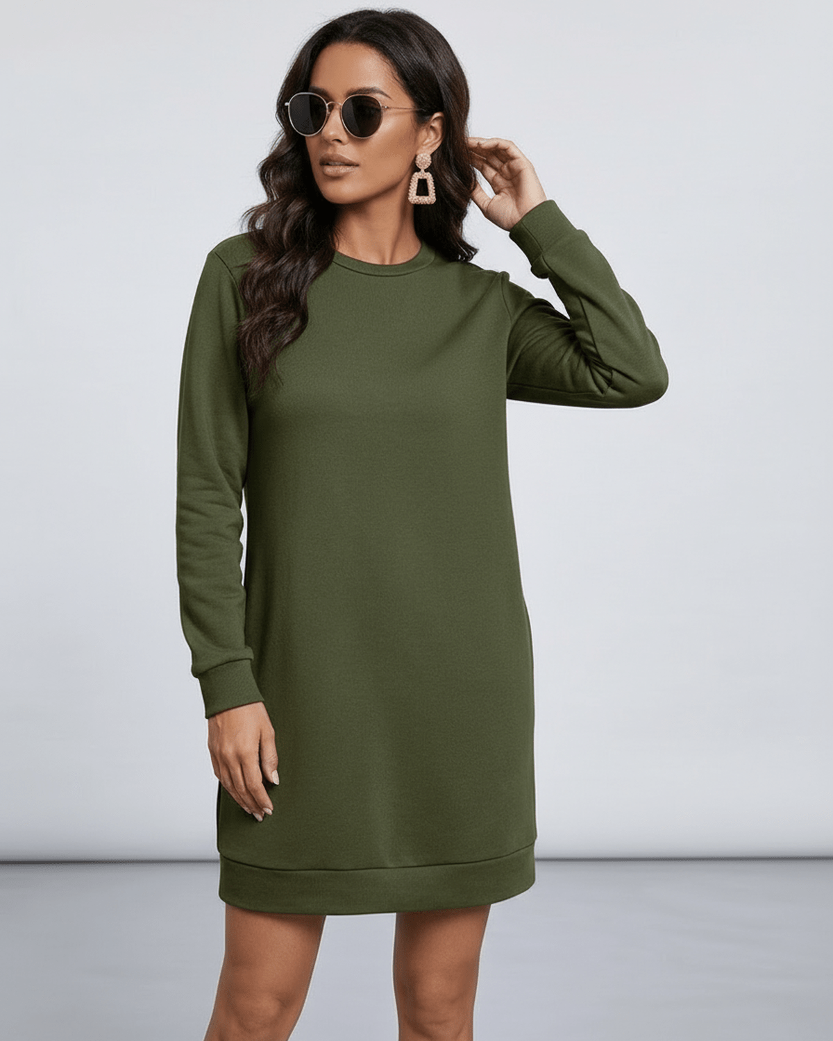 Celeste Mini Dress by Lauven, olive green casual sweatshirt dress with pockets and relaxed silhouette.