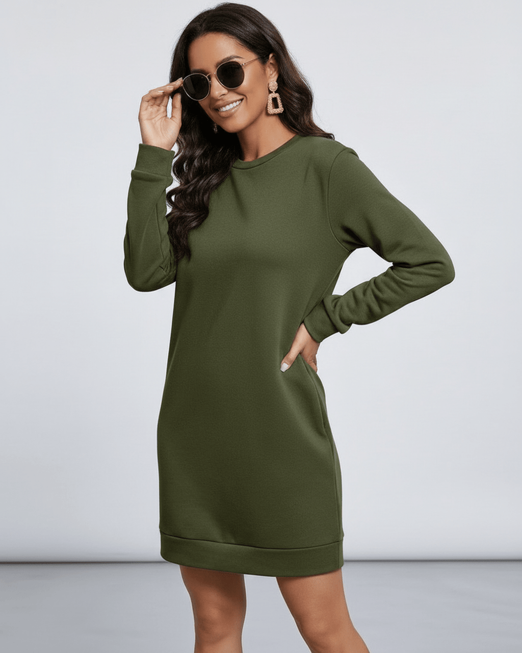 Celeste Mini Dress by Lauven - Olive Green Casual Sweatshirt Dress with Pockets and Relaxed Fit.