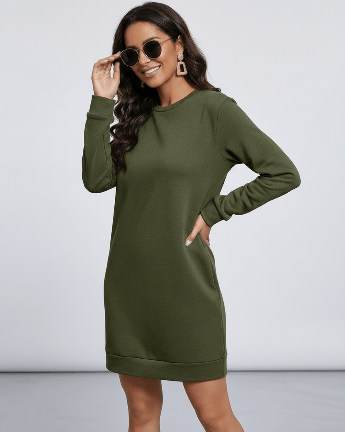 Celeste Mini Dress by Lauven - Olive Green Casual Sweatshirt Dress with Pockets and Relaxed Fit.