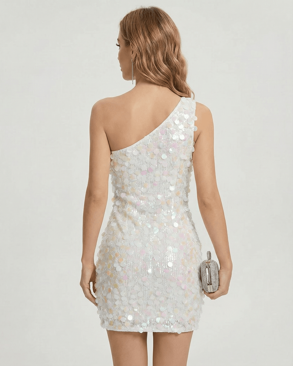Celeste Mini Dress - one shoulder sequin mini dress with iridescent sequin details by Lauven, perfect for evening occasions.