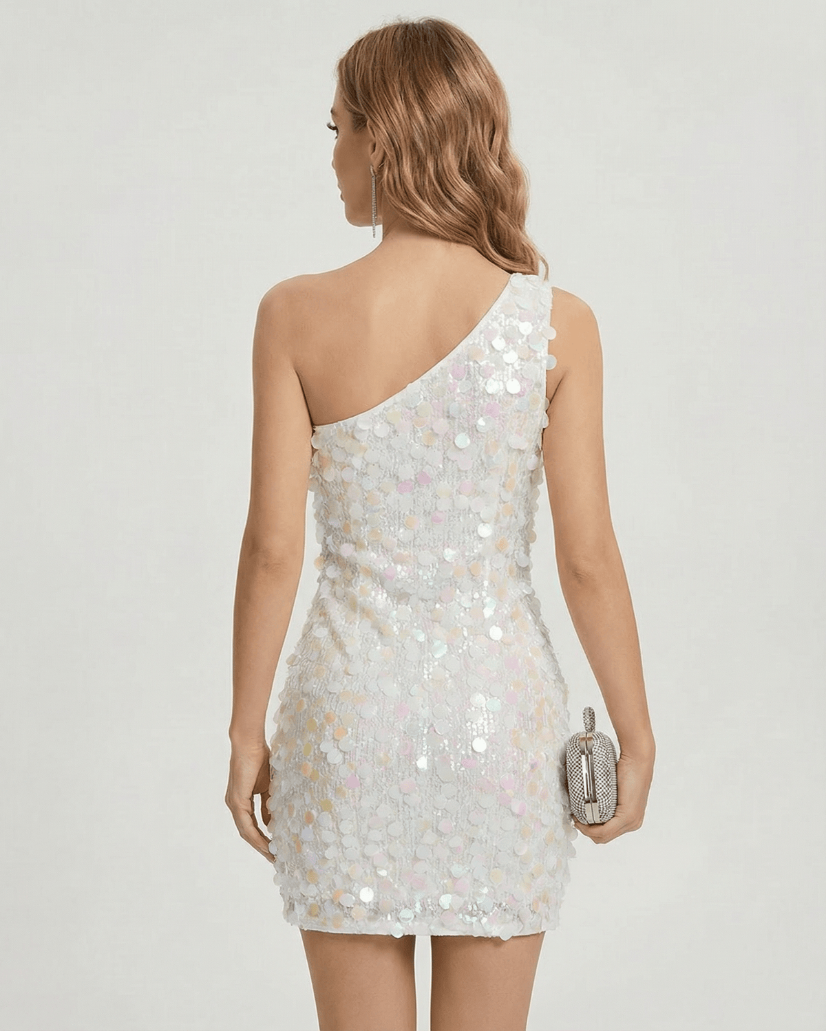 Celeste Mini Dress - one shoulder sequin mini dress with iridescent sequin details by Lauven, perfect for evening occasions.