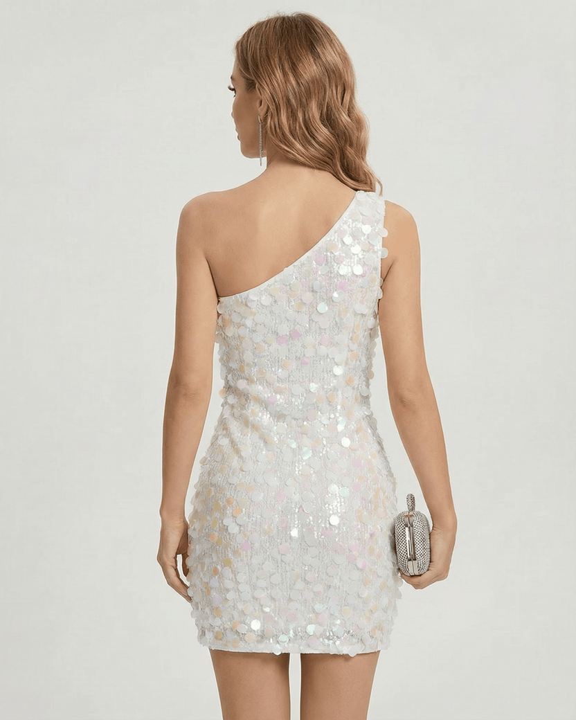 Celeste Mini Dress - one shoulder sequin mini dress with iridescent sequin details by Lauven, perfect for evening occasions.