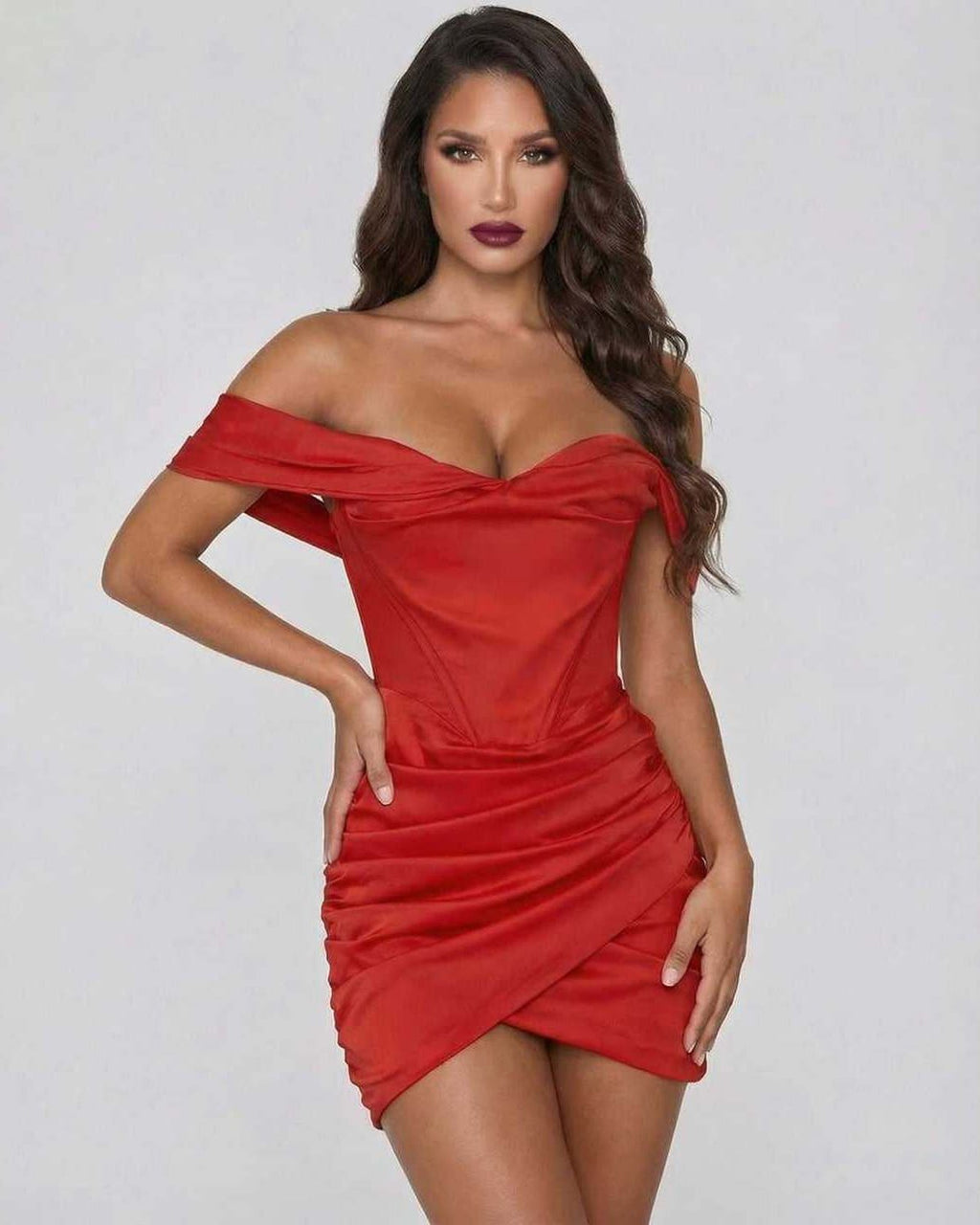 Lauven Celeste Mini Dress in vibrant red, off-the-shoulder satin sheath with flattering silhouette.