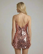 Celeste Mini Dress by Lauven, rose gold sequin bodycon mini dress showcasing a sleek back view.