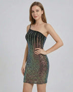 Celeste Mini Dress from Lauven featuring a shimmering sequin design and body-hugging silhouette, perfect for cocktail events.