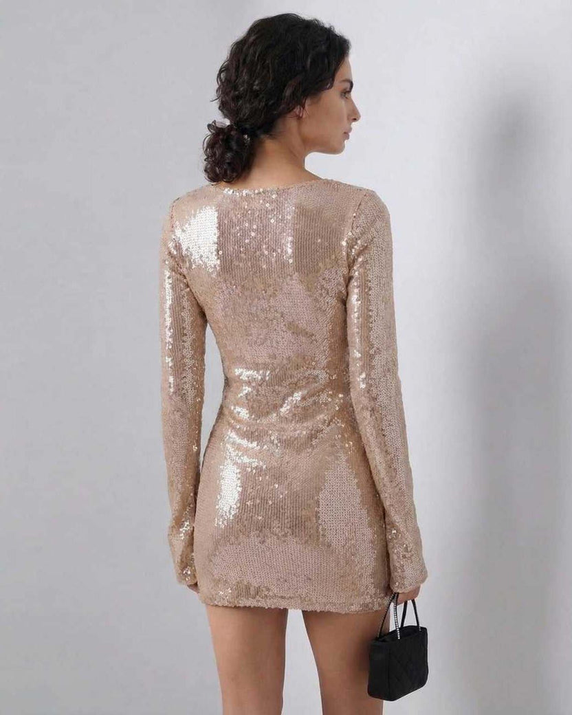 Lauven Celeste Mini Dress with sequined elegance and flared sleeves, showcasing a stunning nude tone.