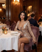 Lauven Celeste Mini Dress features sequined elegance and flared sleeves, perfect for evening wear.