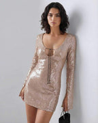 Lauven Celeste Mini Dress with sequined elegance and flared sleeves in nude tone.