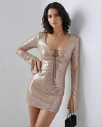 Lauven Celeste Mini Dress with sequined elegance and flared sleeves in nude tone.