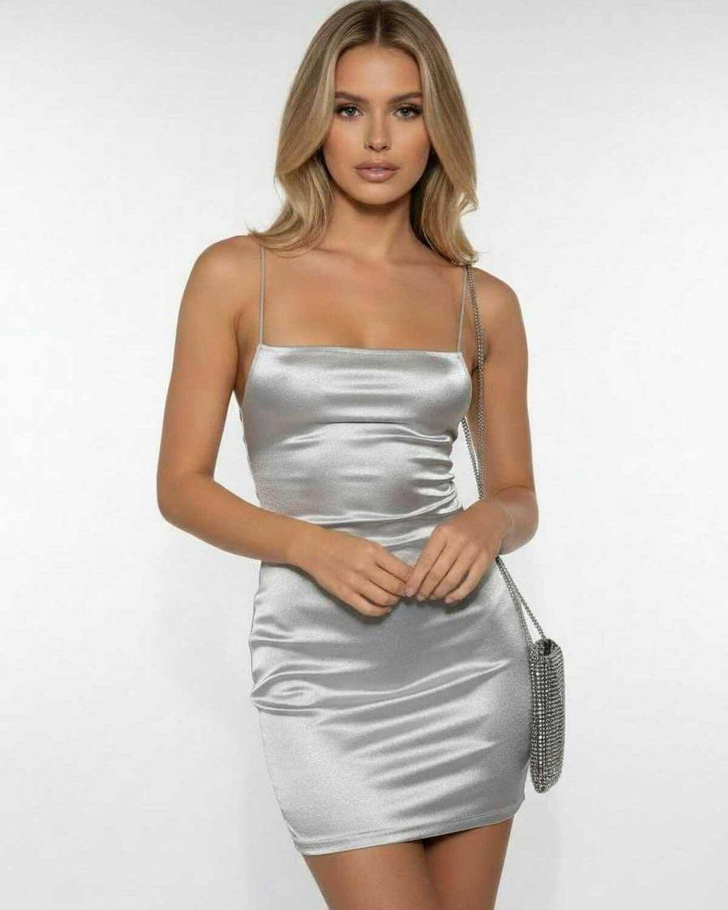 Lauven Celeste Mini Dress in silver satin featuring spaghetti straps and a bodycon fit.