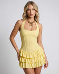 Celeste Mini Dress by Lauven in soft yellow with tiered ruffle skirt, perfect for stylish summer outings.