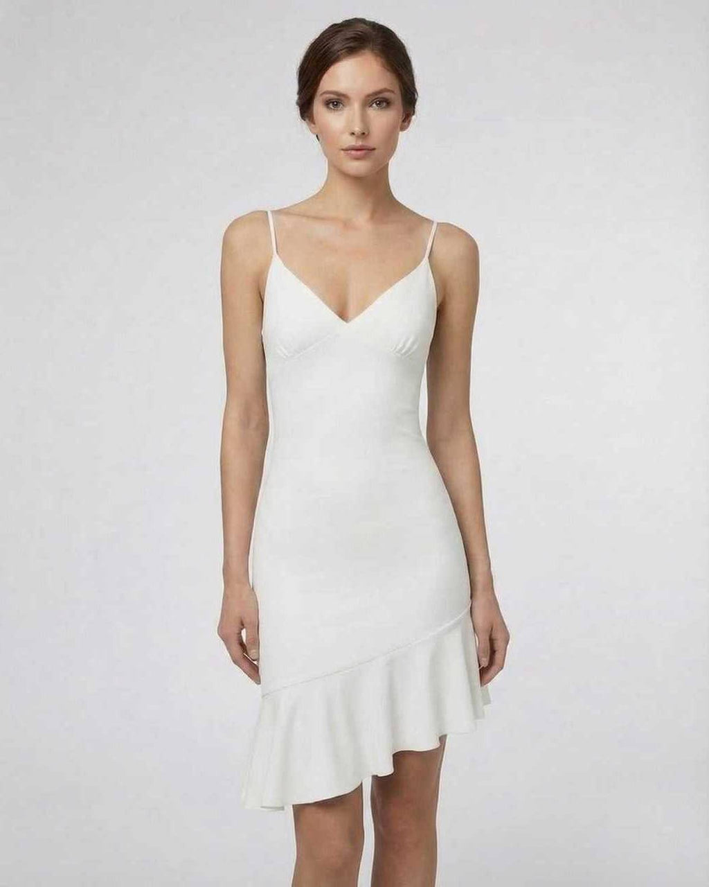 Celeste Mini Dress by Lauven - Elegant white A-line mini dress with ruffle detail and comfortable stretch fabric.