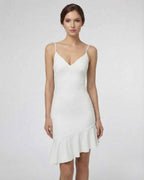 Celeste Mini Dress by Lauven - Elegant white A-line mini dress with ruffle detail and comfortable stretch fabric.