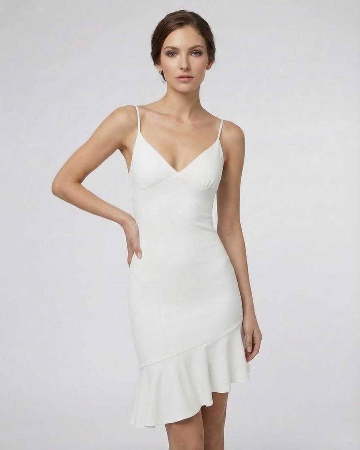 Celeste Mini Dress by Lauven, elegant white A-line design with ruffle detail, perfect for upscale fashion.